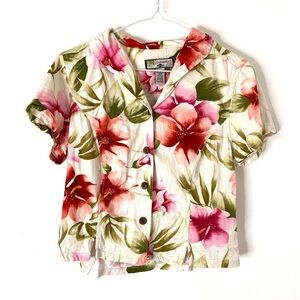 Caribbean Joe Pink Green Floral Button Shirt Tropical Rayon Blouse